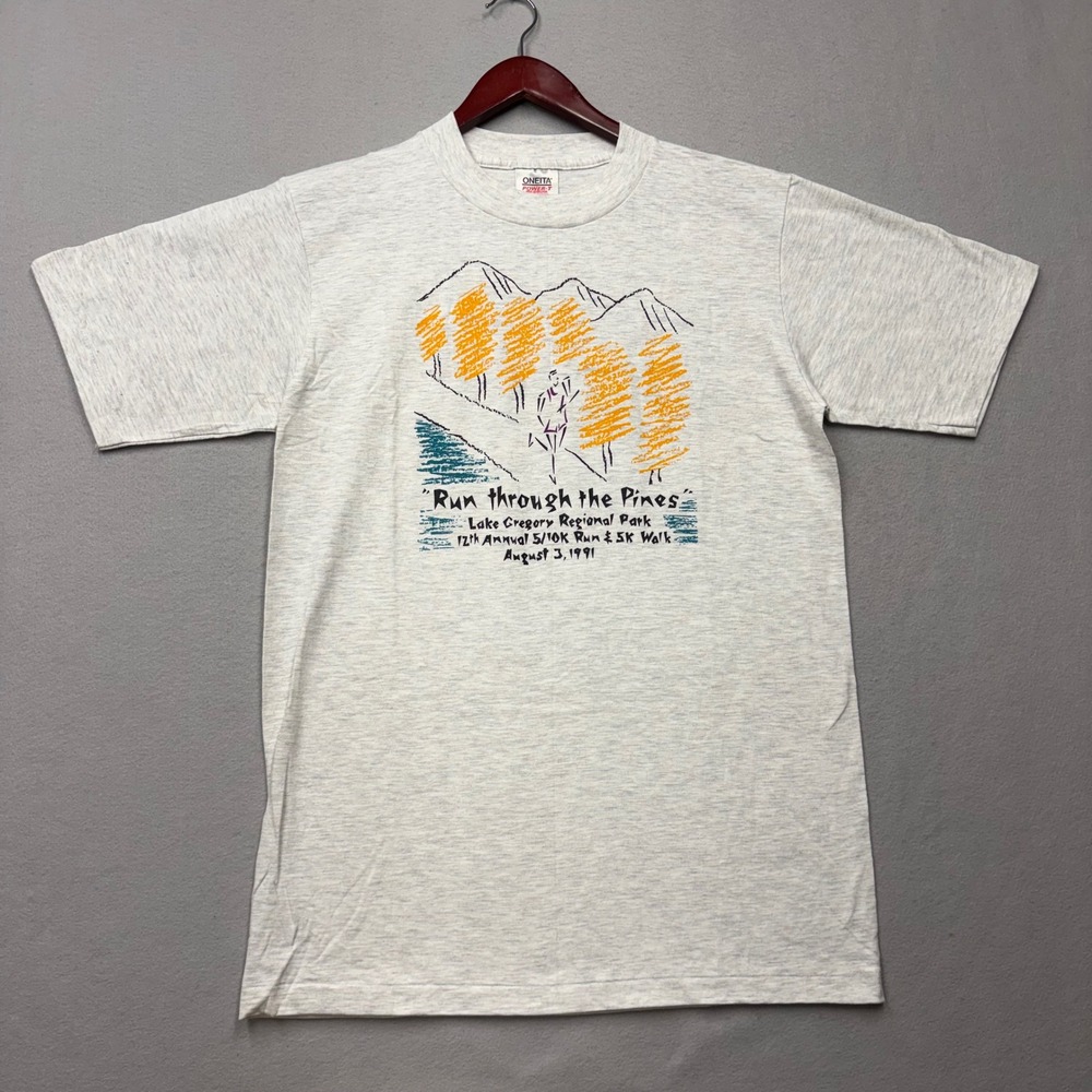 Oneita T-Shirt Mens L Gray Power-T Run Through The Pines 1991 Vintage 90s USA